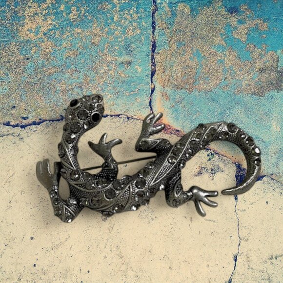 Vintage Silver Tone Rhinestone Lizard Brooch Pin 3 in, Gecko - Picture 6 of 11